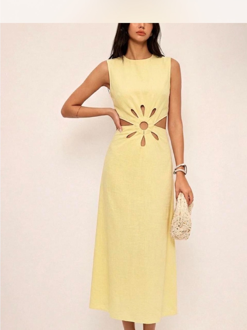 Commense Sleeveless Yellow Midi Dress with Floral Cutout